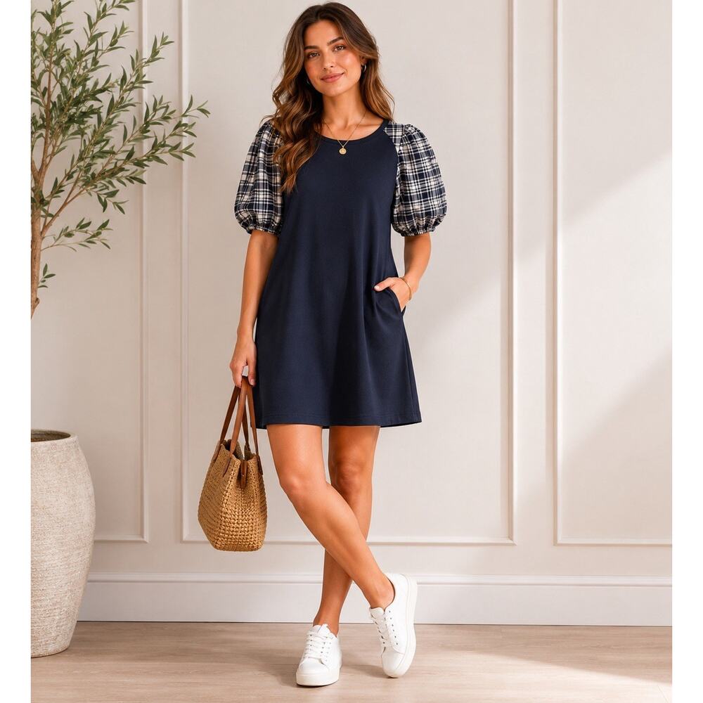 COS Navy Puff Sleeve Gingham Dress Size S Mixed Media Cotton Modern Minimalist